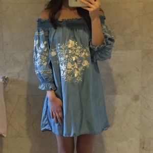 Blue denim embroidered off shoulder dress